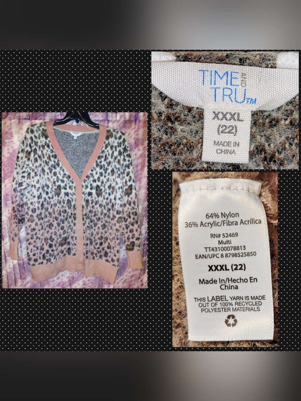 Time & Tru Biege/Multiclr Leopard Print V-Neck Soft Fuzzy Knit Cardigan XXXL(22)